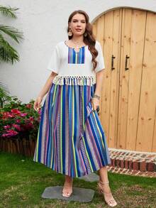 Mulvari Plus Striped Print Tassel Trim Dress - Multicolor - View 6