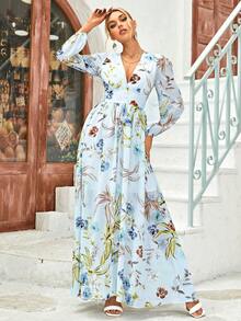 印花前紐扣連衣裙 - 藍色 - 查看 5