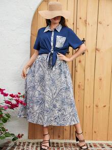 Mulvari Plus Tropical Print Knot Hem Blouse & Skirt - Multicolor - View 5