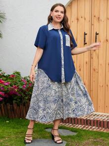 Mulvari Plus Tropical Print Knot Hem Blouse & Skirt - Multicolor - View 6