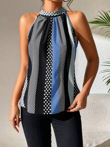 Chiquease Polka Dot Print Keyhole Back Halter Neckline Blouse - Multicolor - View 5