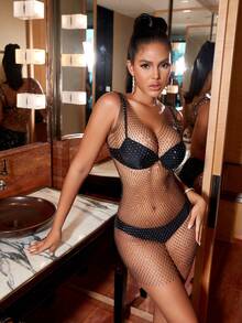 Đầm Pha lê kim cương cắt màu trơn Gợi cảm - màu đen - Xem 6
