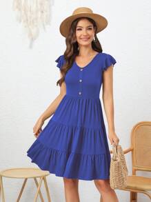 Đầm Xù Nút phía trước màu trơn Giải trí - Màu xanh lam - Xem 1