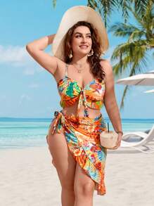 SHEIN Bộ Bikini Phía Trước In Hình Nhiệt Đới Với Váy Đi Biển Đi Biển Mùa Hè - Nhiều màu - Xem 1