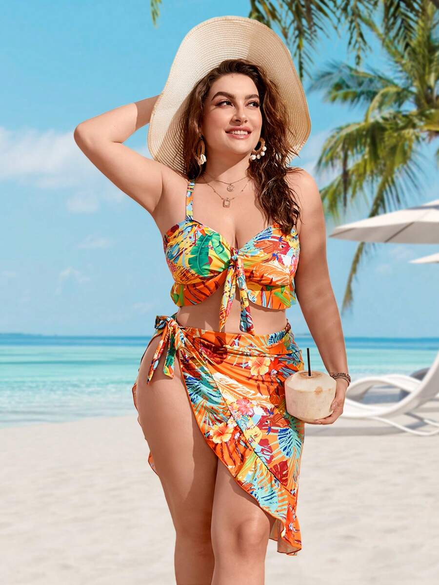 SHEIN Bộ Bikini Phía Trước In Hình Nhiệt Đới Với Váy Đi Biển Đi Biển Mùa Hè - Nhiều màu - Xem 1