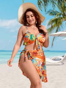 SHEIN Bộ Bikini Phía Trước In Hình Nhiệt Đới Với Váy Đi Biển Đi Biển Mùa Hè - Nhiều màu - Xem 5