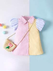 Baby Striped Print Colourblock Puff Sleeve Shirt Dress & Bag - Multicolor - View 2