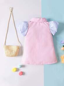 Baby Striped Print Colourblock Puff Sleeve Shirt Dress & Bag - Multicolor - View 3