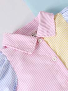 Baby Striped Print Colourblock Puff Sleeve Shirt Dress & Bag - Multicolor - View 5