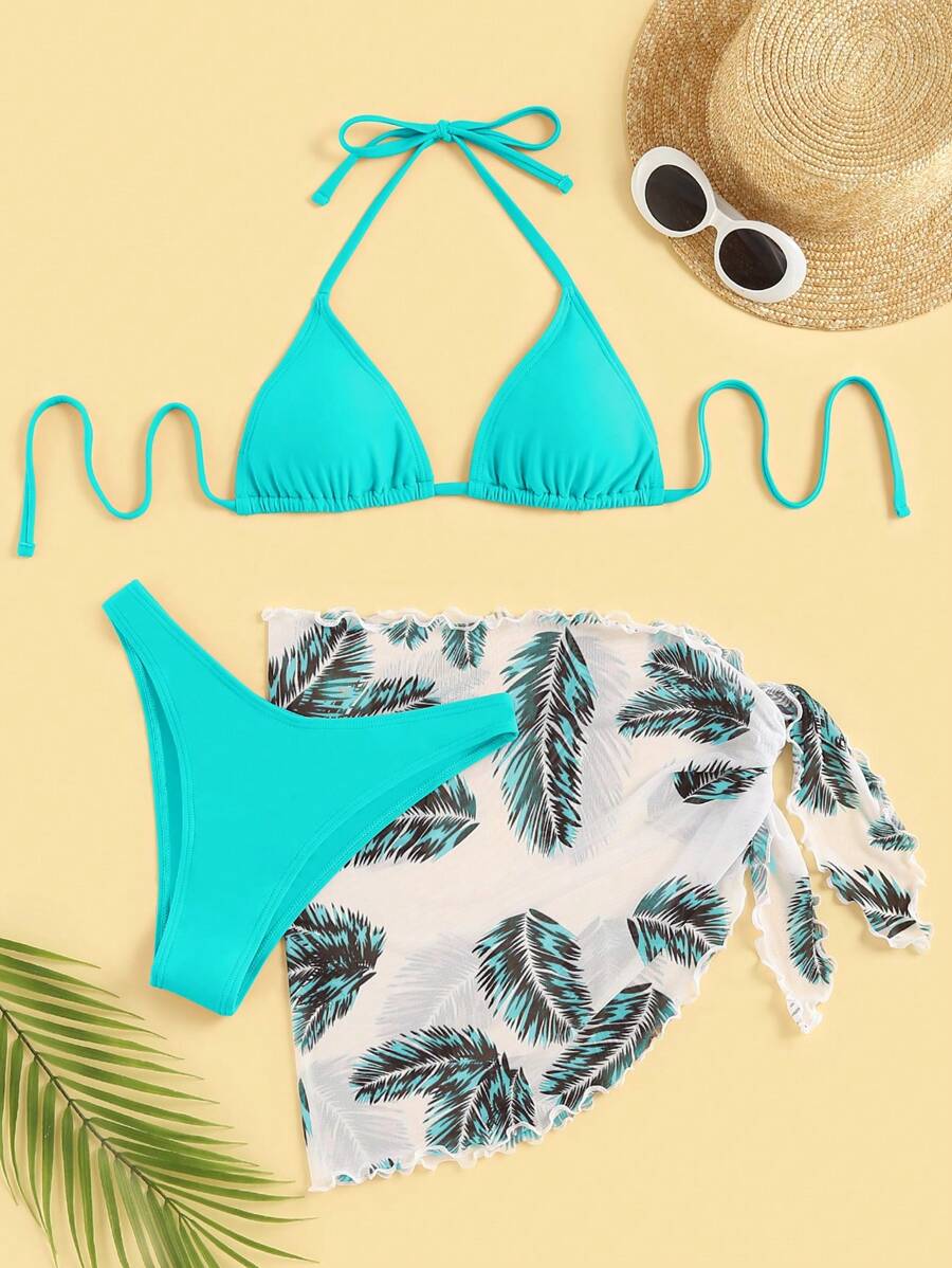 Swim Vcay Summer Beach Feather Print Triangle Bikini Set With Beach Skirt