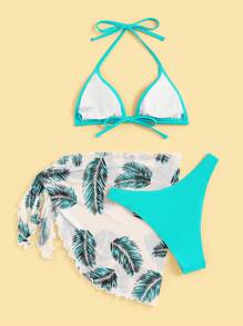 Swim Vcay Summer Beach Feather Print Triangle Bikini Set With Beach Skirt