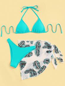 Swim Vcay Summer Beach Feather Print Triangle Bikini Set With Beach Skirt