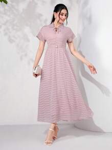 Modelyn Tie Neck Batwing Sleeve Dress - Dusty Pink - View 1