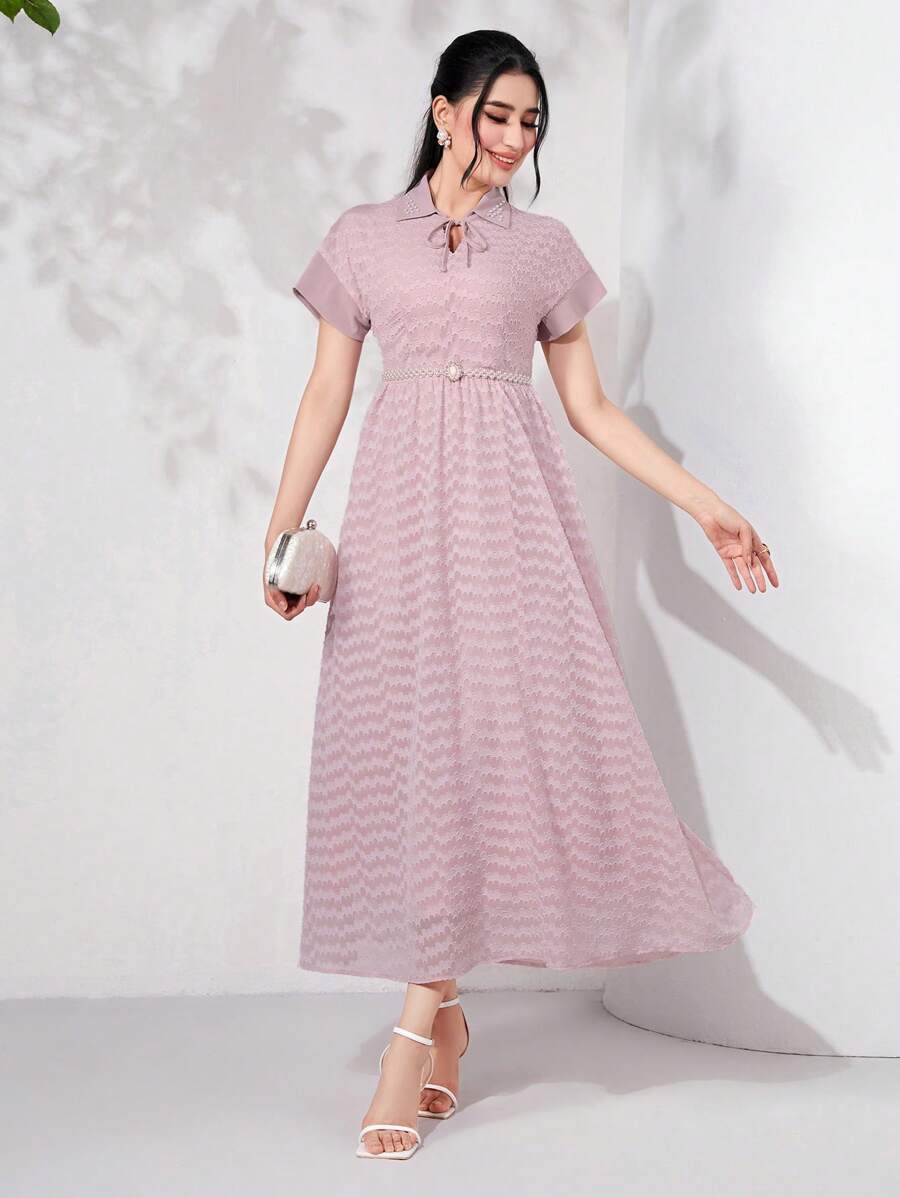 Modelyn Tie Neck Batwing Sleeve Dress - Dusty Pink - View 1