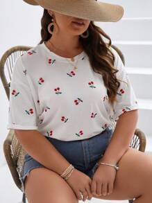 SHEIN Frenchy Plus Cherry Print Drop Shoulder Tee - White - View 1