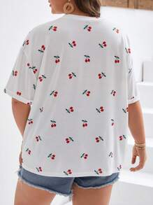 SHEIN Frenchy Plus Cherry Print Drop Shoulder Tee - White - View 2