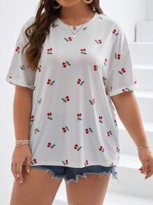 SHEIN Frenchy Plus Cherry Print Drop Shoulder Tee - White - View 3
