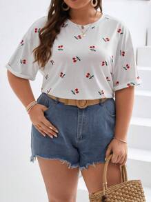 SHEIN Frenchy Plus Cherry Print Drop Shoulder Tee - White - View 5