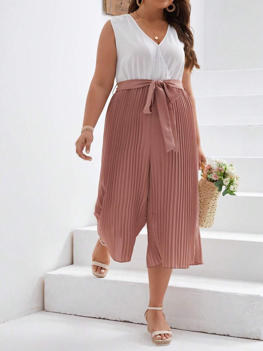SHEIN Frenchy Jumpsuits Plus Size Thắt lưng Xếp li Trọn gói Khối Màu Giải trí - Bụi hồng - Xem 1