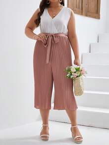 SHEIN Frenchy Jumpsuits Plus Size Thắt lưng Xếp li Trọn gói Khối Màu Giải trí - Bụi hồng - Xem 5