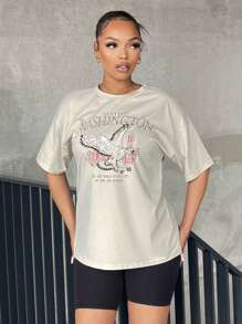 SHEIN SXY Áo thun nữ Thú vật Lá thư Giải trí - Màu be - Xem 1