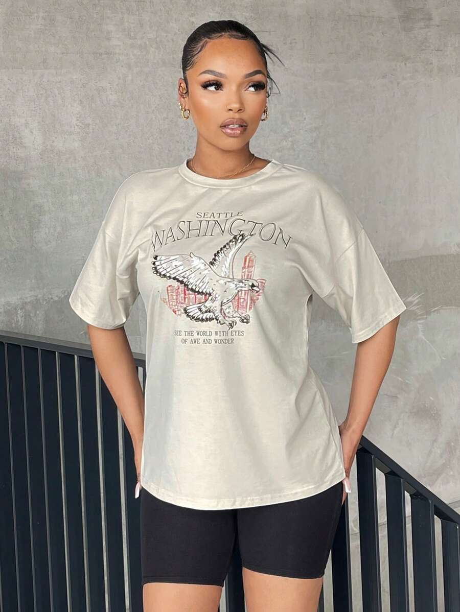 SHEIN SXY Áo thun nữ Thú vật Lá thư Giải trí - Màu be - Xem 1