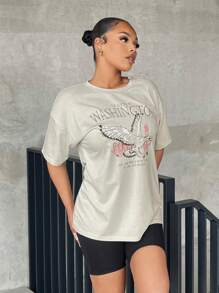 SHEIN SXY Áo thun nữ Thú vật Lá thư Giải trí - Màu be - Xem 5