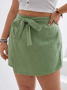 SHEIN Frenchy 大碼素色腰帶裙裤 - 綠色 - 查看 4