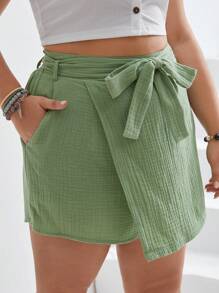 SHEIN Frenchy 大碼素色腰帶裙裤 - 綠色 - 查看 5