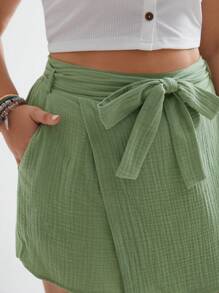 SHEIN Frenchy 大碼素色腰帶裙裤 - 綠色 - 查看 6