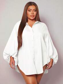 SHEIN SXY 大碼燈籠袖弧形下擺襯衫 - 白色 - 查看 1