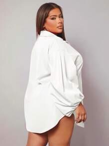 SHEIN SXY 大碼燈籠袖弧形下擺襯衫 - 白色 - 查看 3