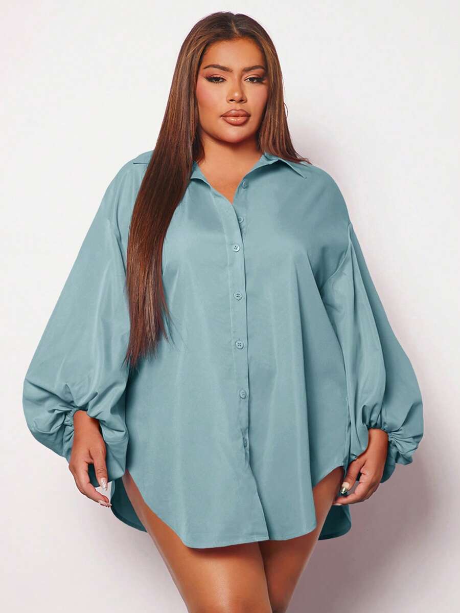 SHEIN SXY Áo sơ mi Plus Size Cao thấp Nút phía trước màu trơn Giải trí - Màu xanh Cadet - Xem 1