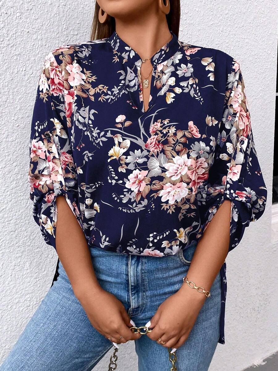 SHEIN LUNE Plus Floral Print Roll Tab Sleeve Blouse - Navy Blue - View 1
