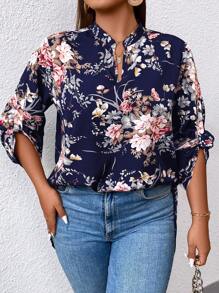 SHEIN LUNE Plus Floral Print Roll Tab Sleeve Blouse - Navy Blue - View 3