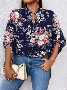 SHEIN LUNE Plus Floral Print Roll Tab Sleeve Blouse - Navy Blue - View 4
