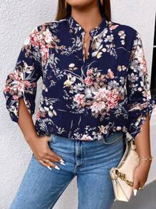 SHEIN LUNE Plus Floral Print Roll Tab Sleeve Blouse - Navy Blue - View 7