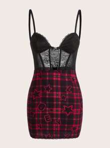SHEIN ICON 格紋和字母圖案蕾絲拼接緊身吊帶洋裝 - 彩色 - 查看 1