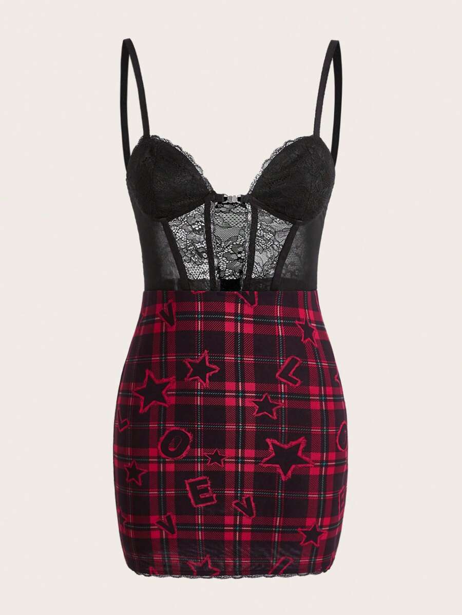 SHEIN ICON 格紋和字母圖案蕾絲拼接緊身吊帶洋裝 - 彩色 - 查看 1