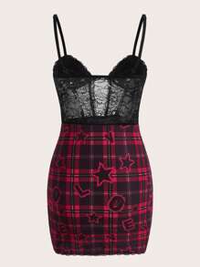 SHEIN ICON 格紋和字母圖案蕾絲拼接緊身吊帶洋裝 - 彩色 - 查看 2