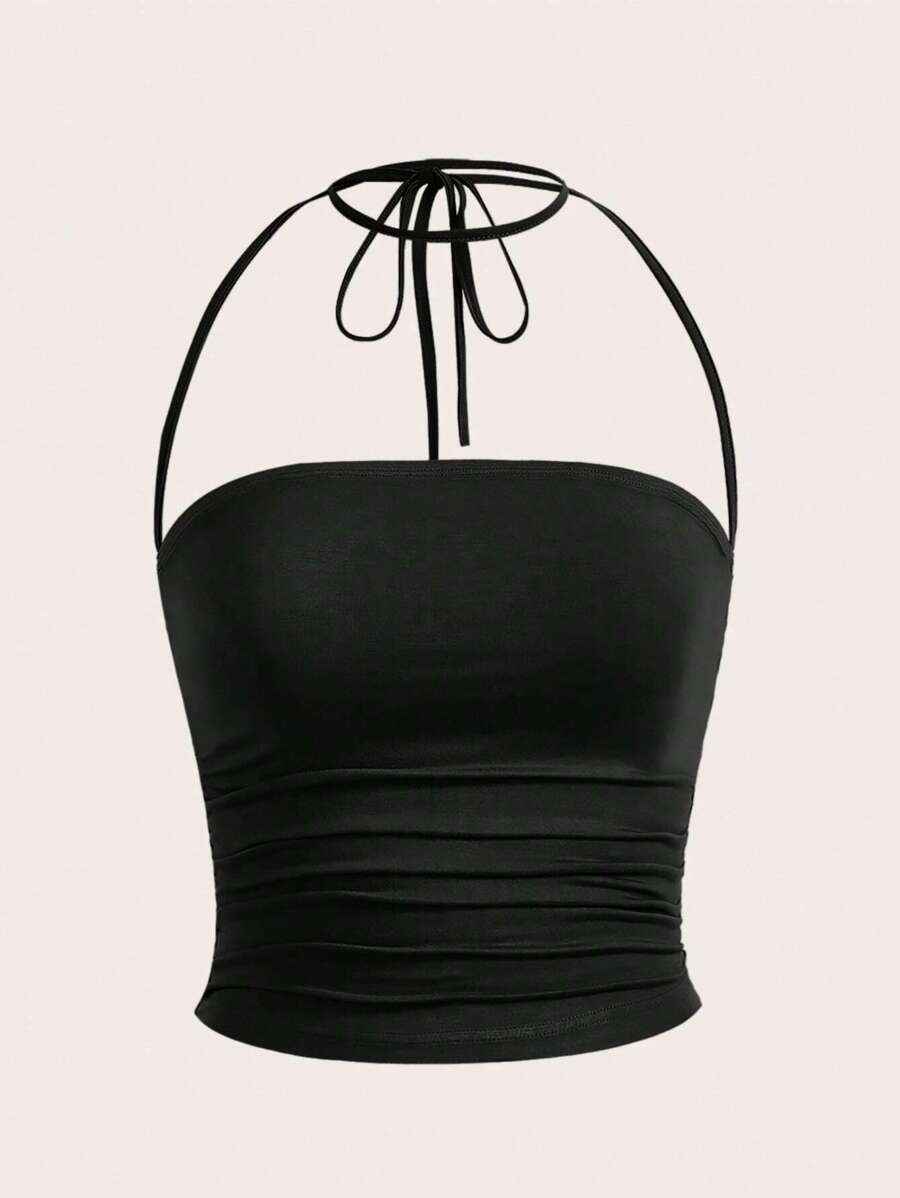 SHEIN EZwear Top Negro Ajustado Con Escote Halter Y Con Fruncido Sólido - Negro - Ver 1
