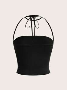 SHEIN EZwear Top Negro Ajustado Con Escote Halter Y Con Fruncido Sólido - Negro - Ver 2