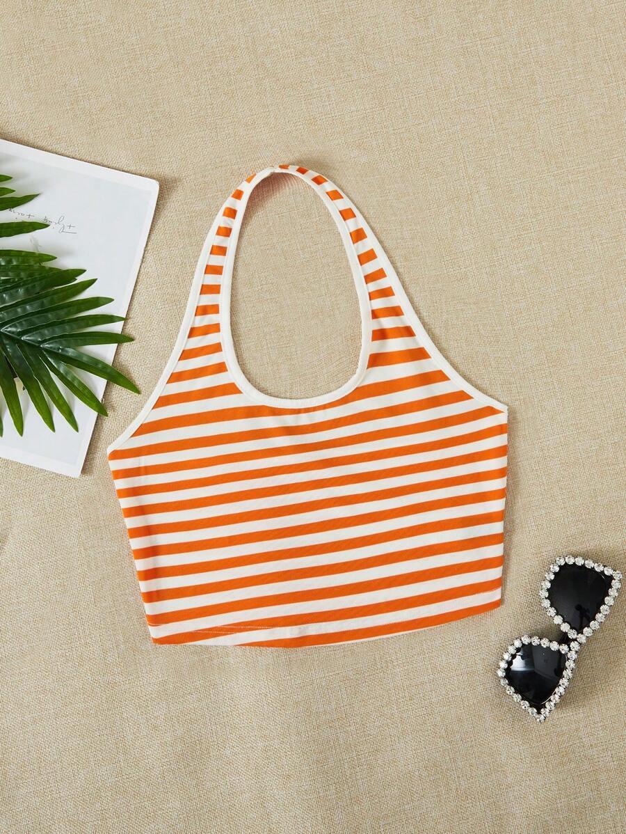 SHEIN EZwear 條紋印花掛脖上衣