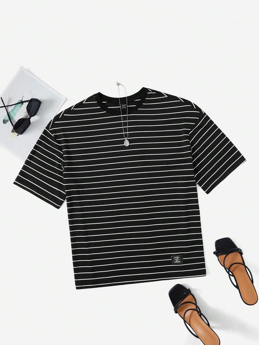 SHEIN EZwear Áo thun nữ Đắp vá Lá thư Sọc Giải trí - màu đen - Xem 1