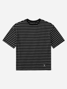 SHEIN EZwear Áo thun nữ Đắp vá Lá thư Sọc Giải trí - màu đen - Xem 3