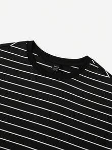 SHEIN EZwear Áo thun nữ Đắp vá Lá thư Sọc Giải trí - màu đen - Xem 4