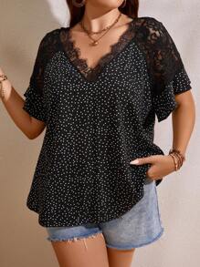 Plus Polka Dot Print Contrast Lace Blouse - Black - View 1