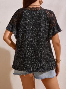 Plus Polka Dot Print Contrast Lace Blouse - Black - View 2