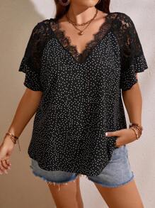 Plus Polka Dot Print Contrast Lace Blouse - Black - View 4