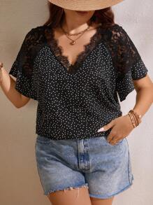 Plus Polka Dot Print Contrast Lace Blouse - Black - View 5